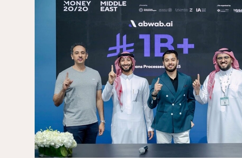 The Abwab.ai team on the Money20/20 Middle East stage marking SAR 1B+ in SME loans processed through the platform