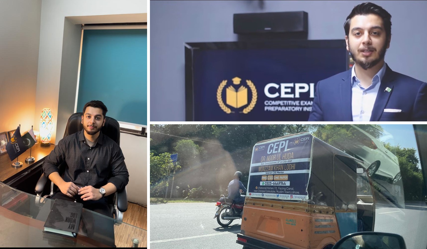 CEPI: Sheryar at the founder's desk, a CEPI media interview, and a CEPI rickshaw ad on a Lahore street