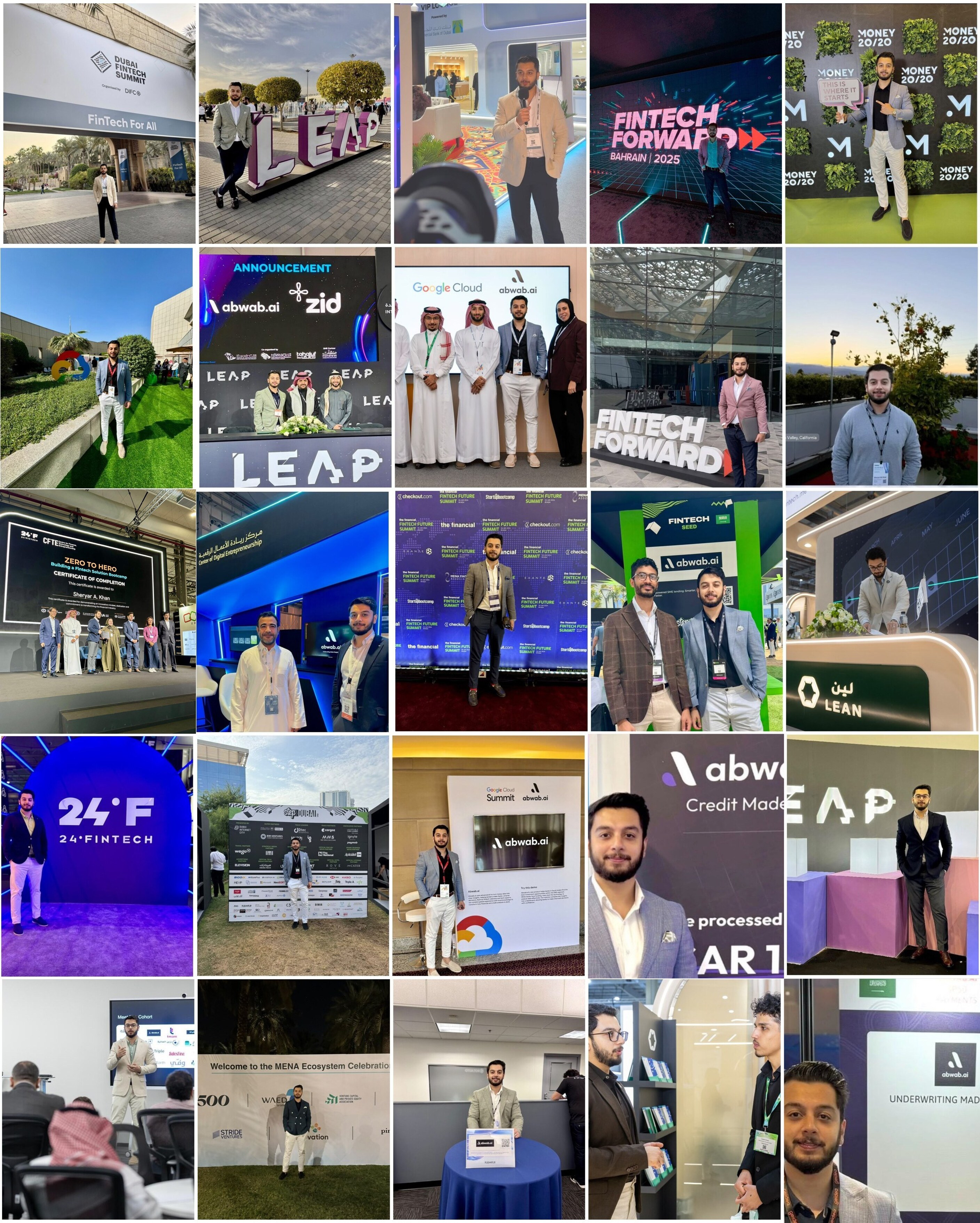 A wall of Sheryar at fintech events: LEAP, Money20/20, Dubai FinTech Summit, Fintech Forward, Fintech Surge, Seamless, 24 Fintech, Google Cloud Summit, Step Dubai, Silicon Valley and more