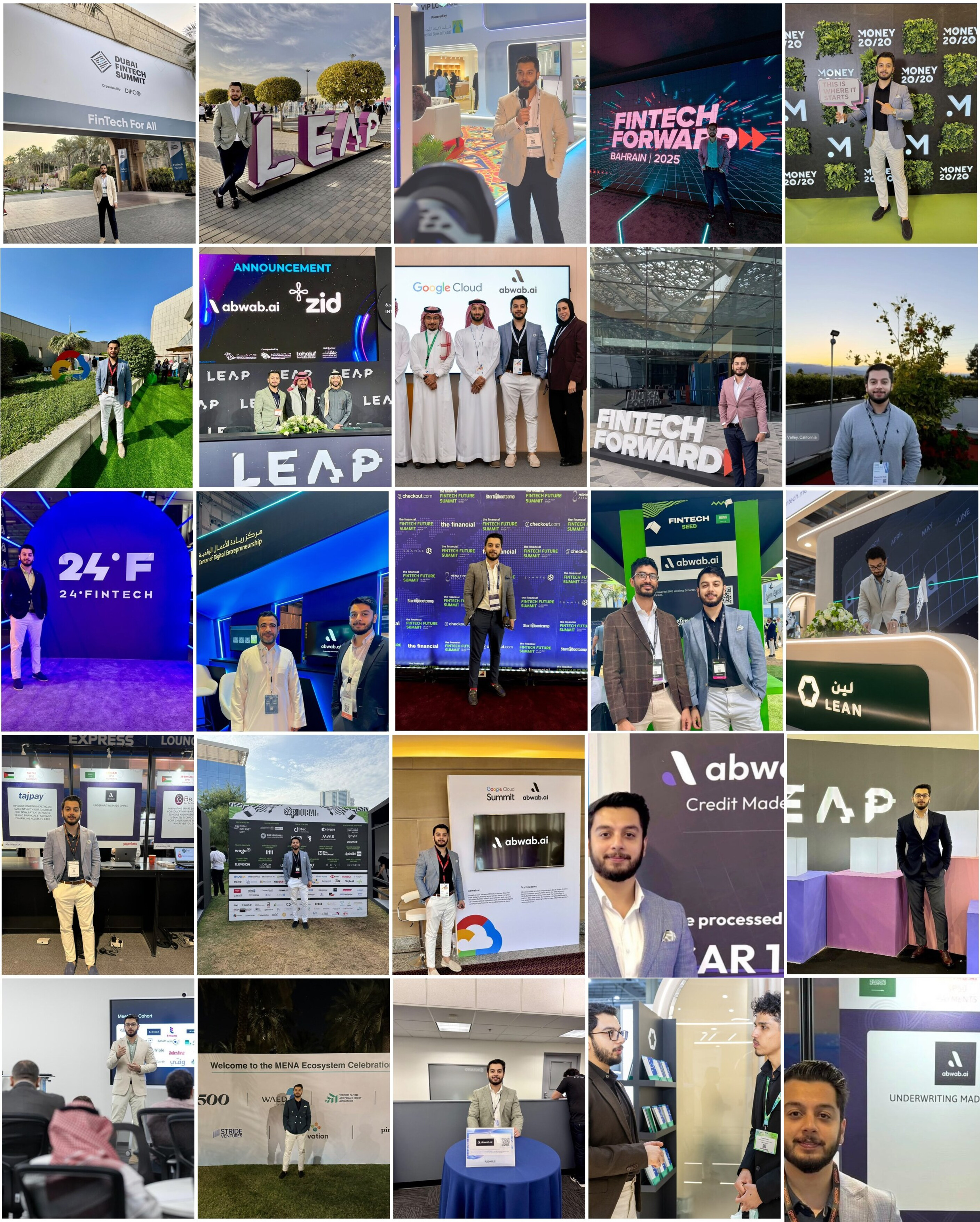 A wall of Sheryar at fintech events: LEAP, Money20/20, Dubai FinTech Summit, Fintech Forward, Fintech Surge, Seamless, 24 Fintech, Google Cloud Summit, Step Dubai, Silicon Valley and more