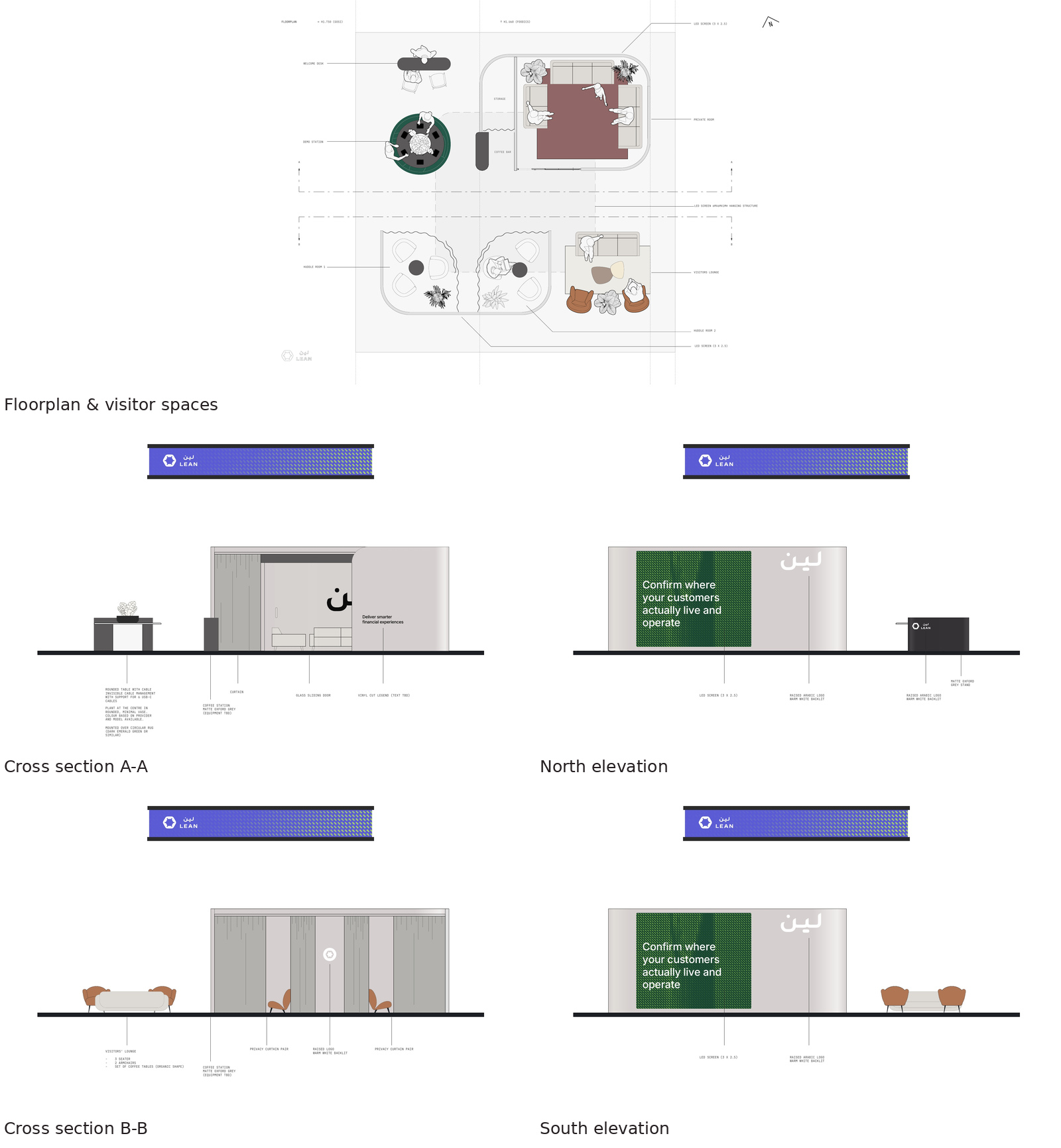 Original booth specification pages: floorplan and four technical views