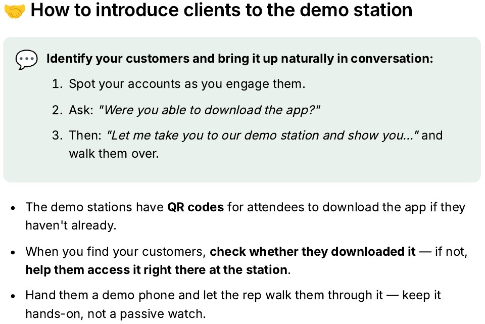 Sales brief excerpt: how to introduce clients to the demo station