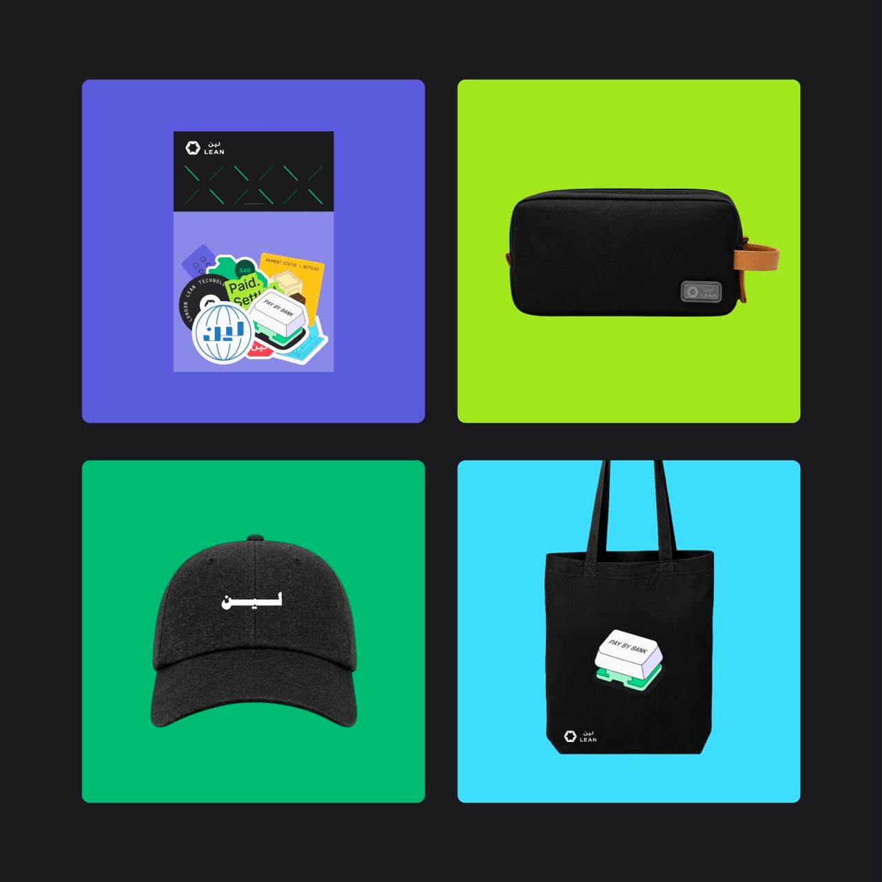 Pay by Bank merchandise: sticker pack, wash bag, Lean cap and tote