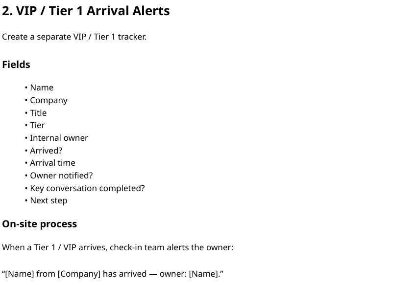 Lead-tracking playbook excerpt: VIP / Tier 1 arrival-alert process